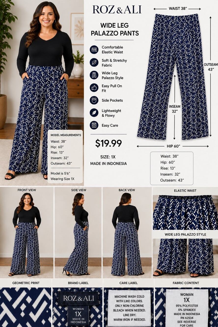Roz & Ali Women’s Plus 1X Navy/White Geometric Wide Leg Pull-On Stretch Pants